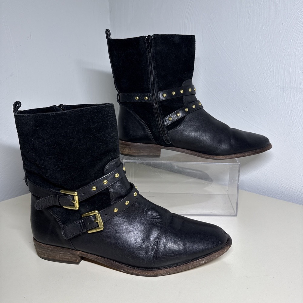 Coach Leather Ankle Moto Boots Lilliana Size 9B Gold Stud, Buckle Women's Shoes